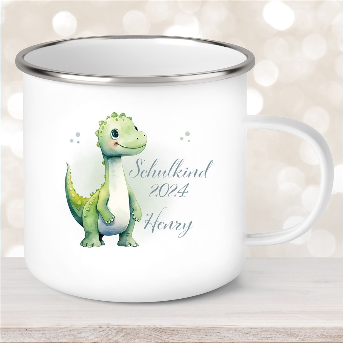 Tasse Schulkind #4 Wunschname Dino#1 Emaille Kinderbecher Personalisiert Tasse Schulkind #4 Wunschname Dino#1 Emaille Kinderbecher Personalisiert