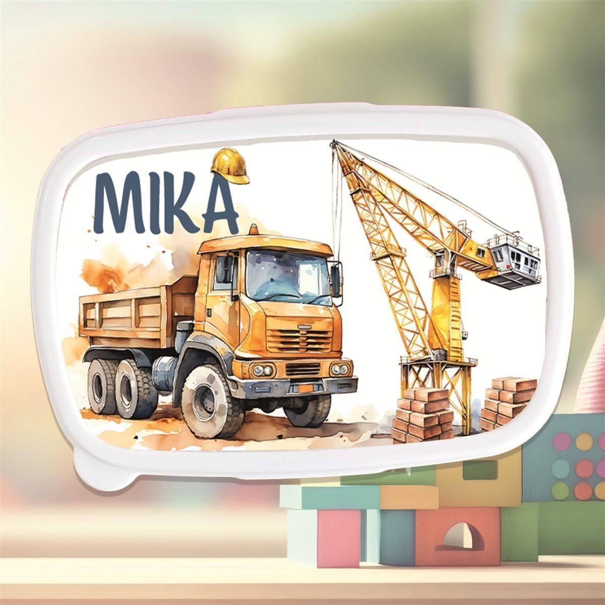 Brotdose mit Namen Baufahrzeuge 01 – Personalisierte Lunchbox für Schule & Kindergarten versch. Farben