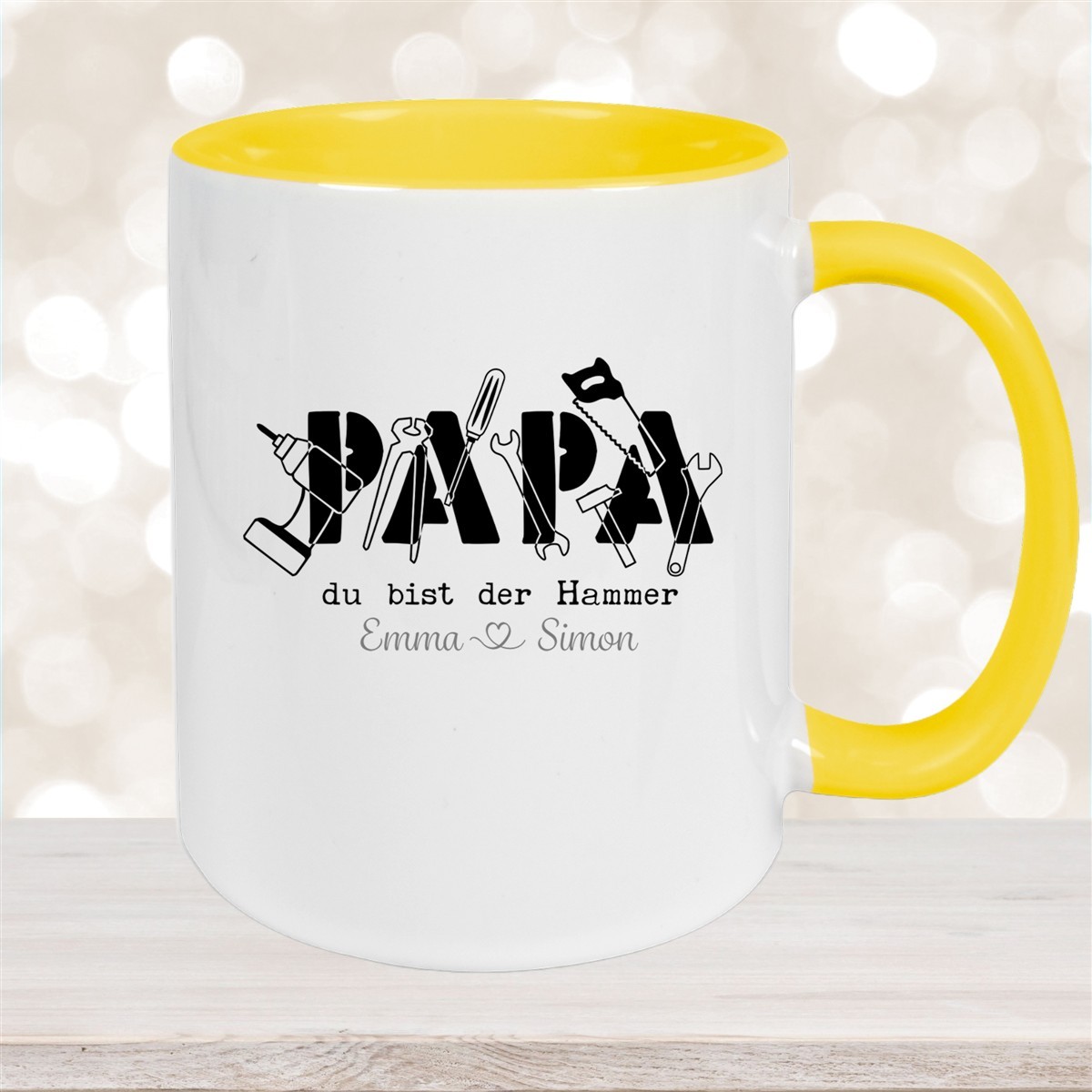 Tasse Vatertag #9 Papa, "Du bist der Hammer" Wunschnamen Keramik Personalisiert Gelb