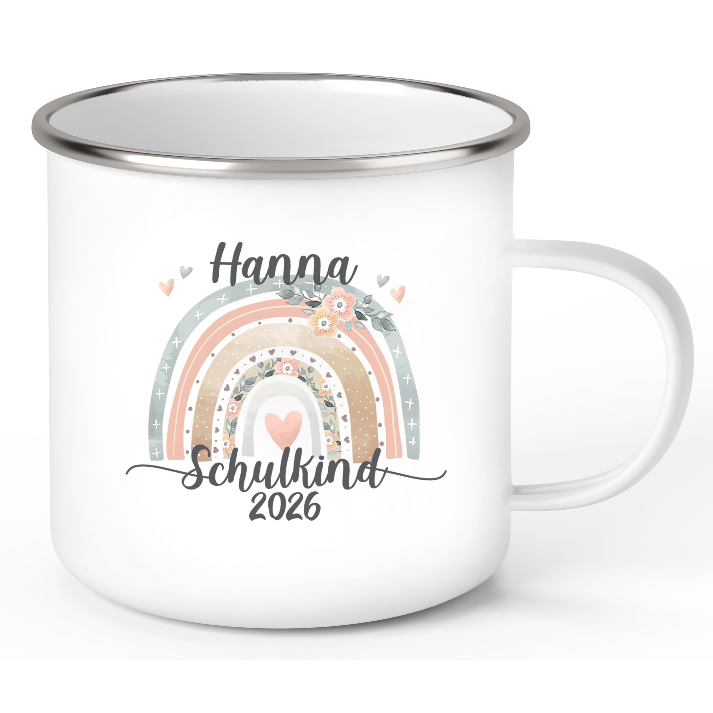 Tasse Schulkind 06 Wunschname Rainbow Emaille Kinderbecher Personalisiert