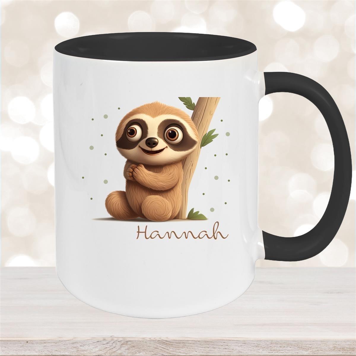 Tasse Wunschname Faultier-Baum Keramik Kinderbecher versch. Farben