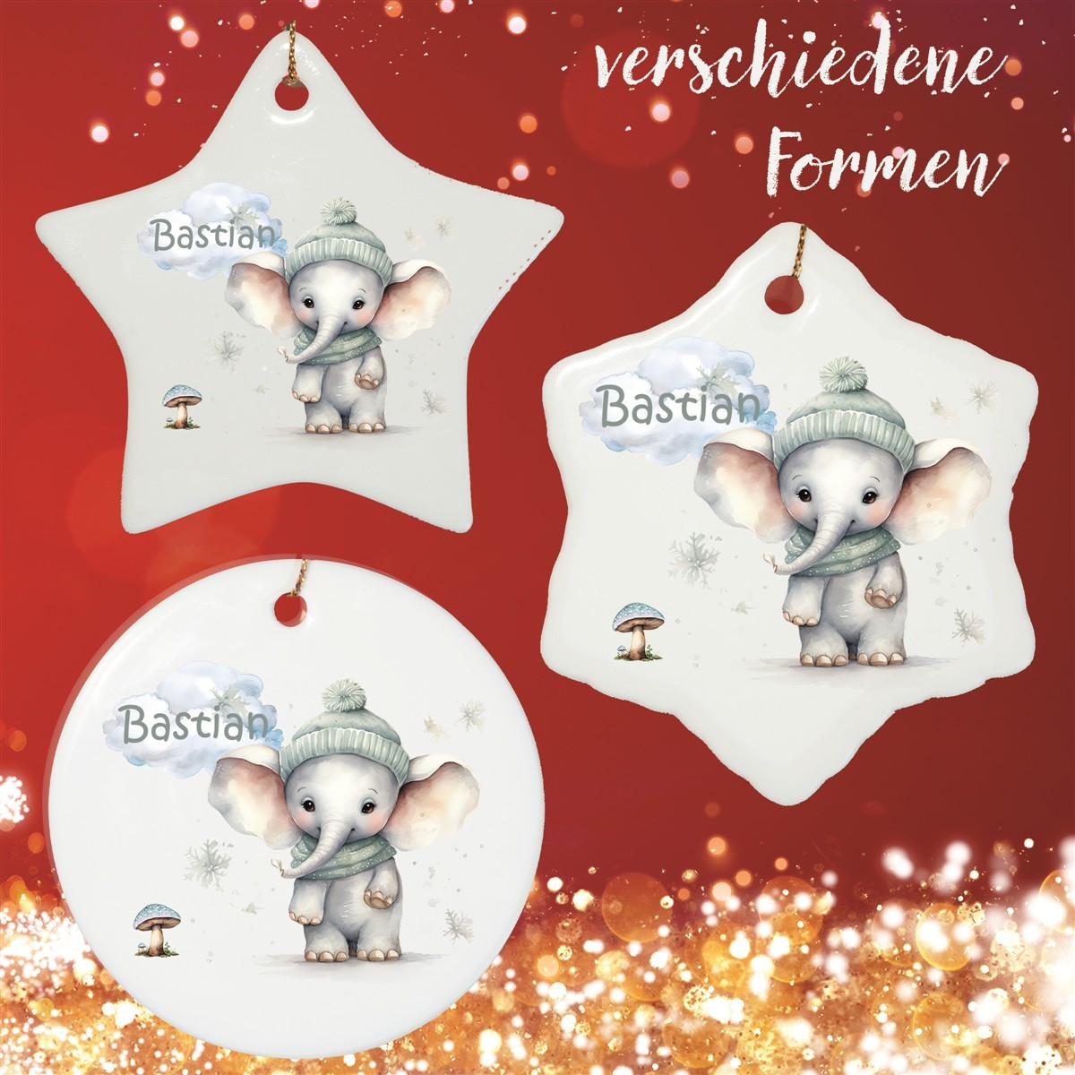 Christbaumanhänger Weihnachten Elefant #1 Ornament Christbaumschmuck versch. Formen Christbaumanhänger Weihnachten Elefant #1 Ornament Christbaumschmuck Rund