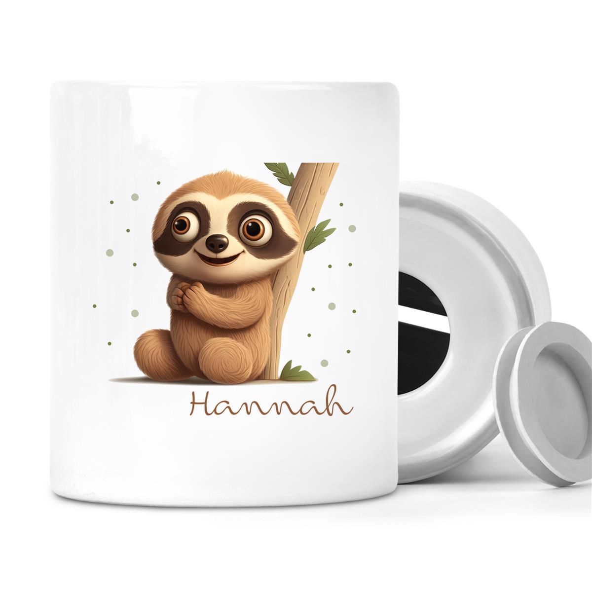 Spardose mit Wunschname Faultier-Baum personalisiert