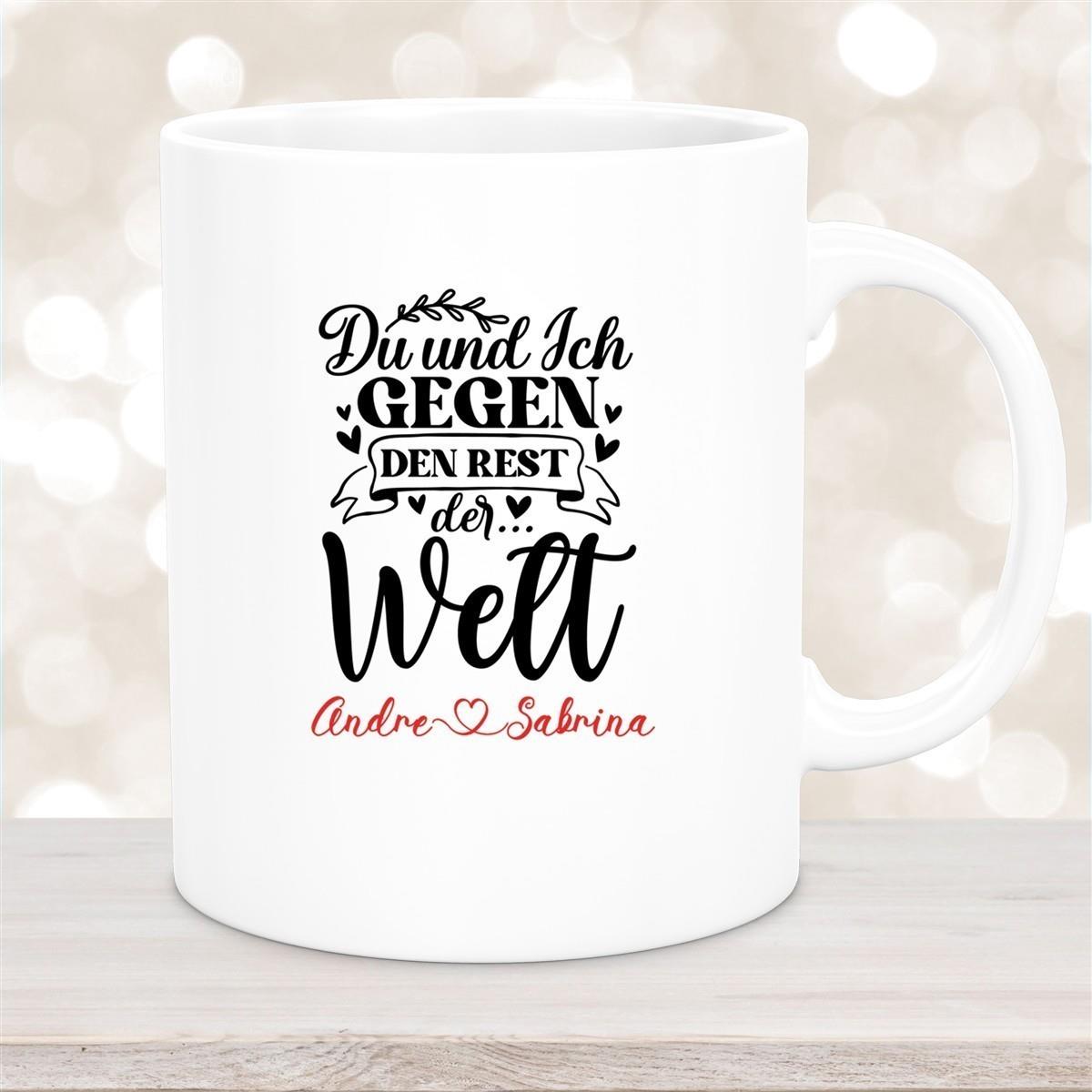 Tasse Liebe - Spruch "Du und Ich, gegen den Rest der Welt" Valentinstag Wunschnamen Keramik personalisiert versch. Farben