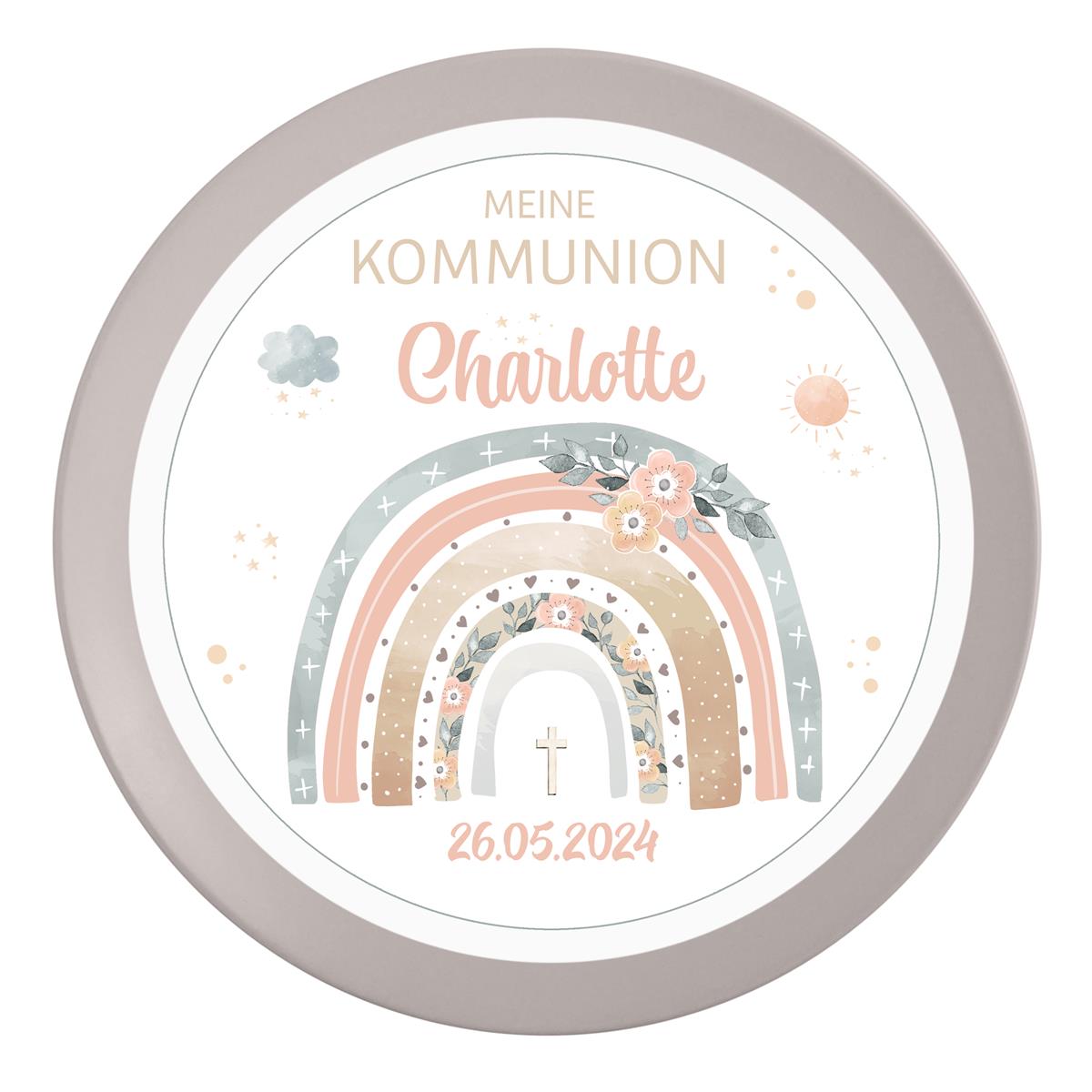 Tortenaufleger Kommunion Regenbogen 1 Name & Datum (20cm)