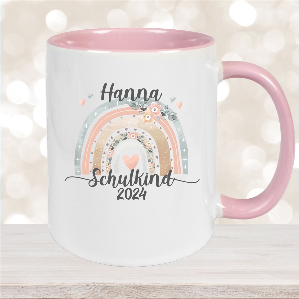 Tasse Schulkind #06 Wunschname Rainbow Keramik Kinderbecher Personalisiert Altrosa