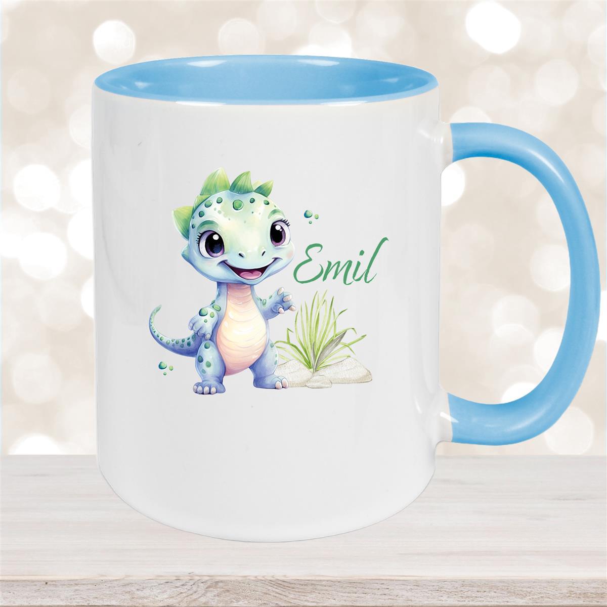 Tasse Dino #14 Wunschname Keramik Kinderbecher Personalisiert Hellblau
