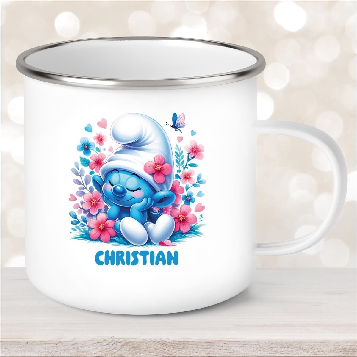 Tasse Kinder Schlumpf #1 mit Blumen Wunschname Emaille Kinderbecher personalisiert Tasse Kinder Schlumpf #1 mit Blumen Wunschname Emaille Kinderbecher personalisiert