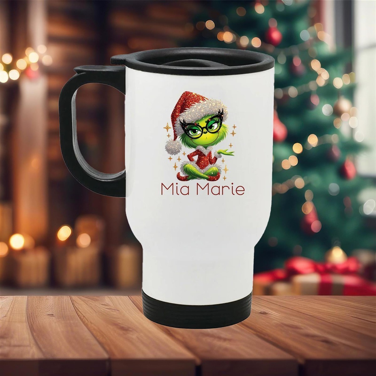 Edelstahl-Thermobecher mit Deckel Weihnachten Lady-Grinch 4# personalisiert weiß Edelstahl-Thermobecher mit Deckel Weihnachten Lady-Grinch 4# personalisiert weiß