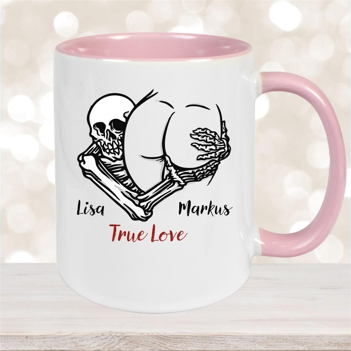 Tasse Totenkopf True Love Valentinstag 7 Wunschnamen Keramik personalisiert versch. Farben