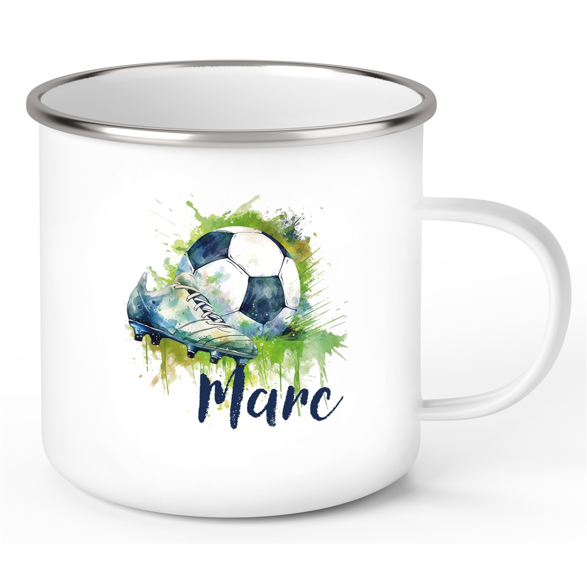 Tasse Fußball 4 Wunschname Emaille Kinderbecher personalisiert