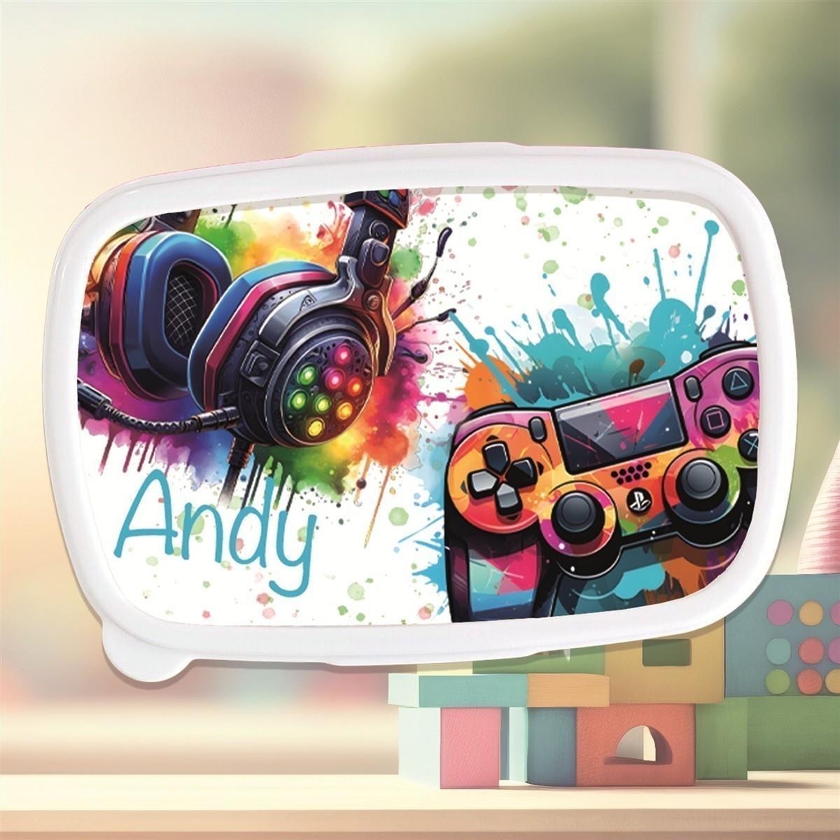 Brotdose mit Namen Gamer 03 – Personalisierte Lunchbox für Schule & Kindergarten versch. Farben