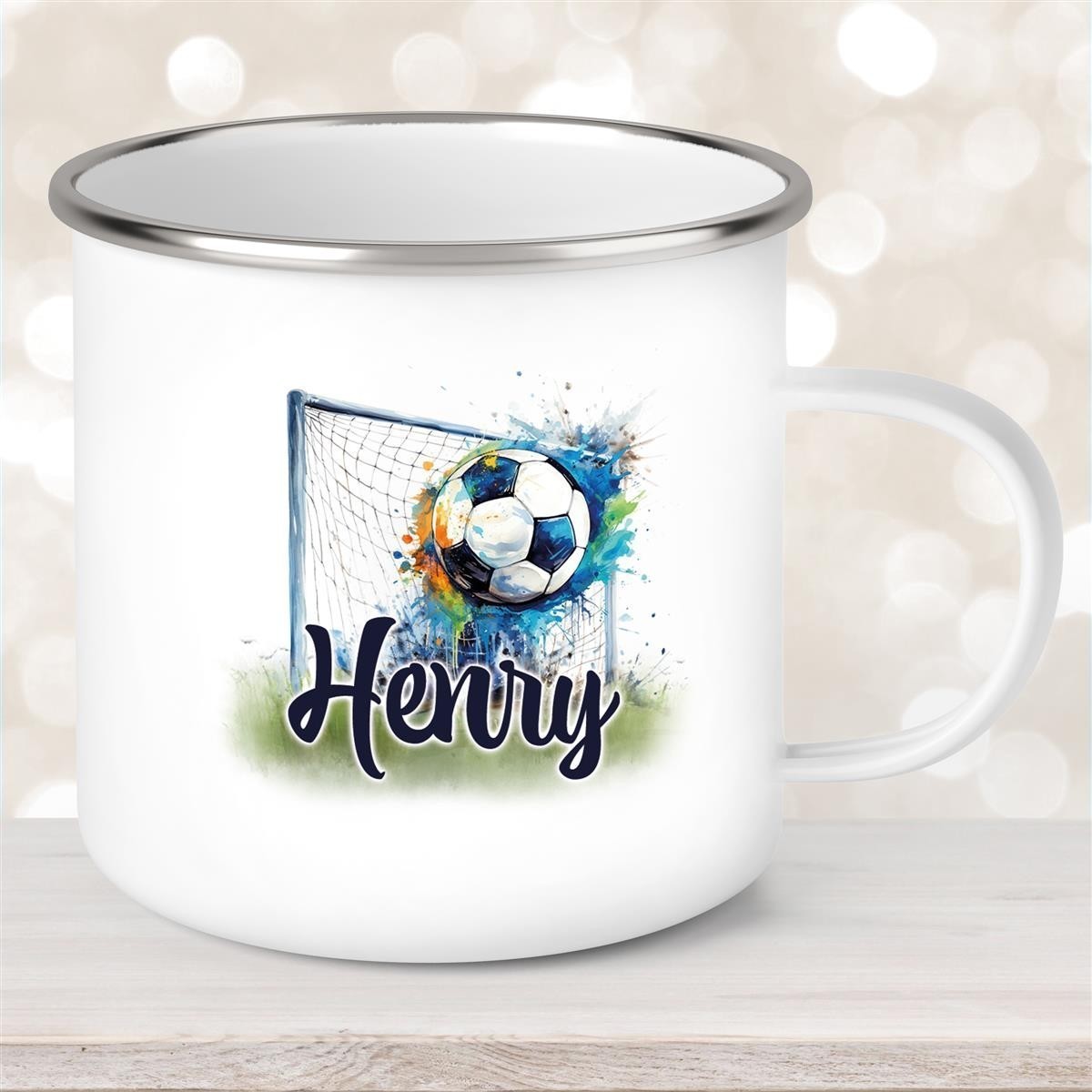 Tasse Fußball #13 Wunschname Emaille Kinderbecher personalisiert Tasse Fußball #13 Wunschname Emaille Kinderbecher personalisiert