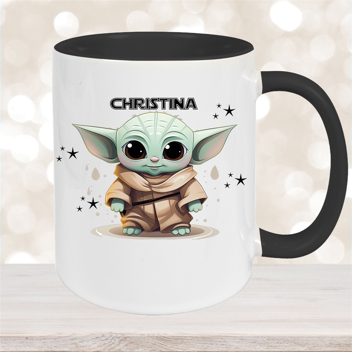 Tasse Wunschname Baby-Yoda #3 Keramik Kinderbecher personalisiert versch. Farben Schwarz