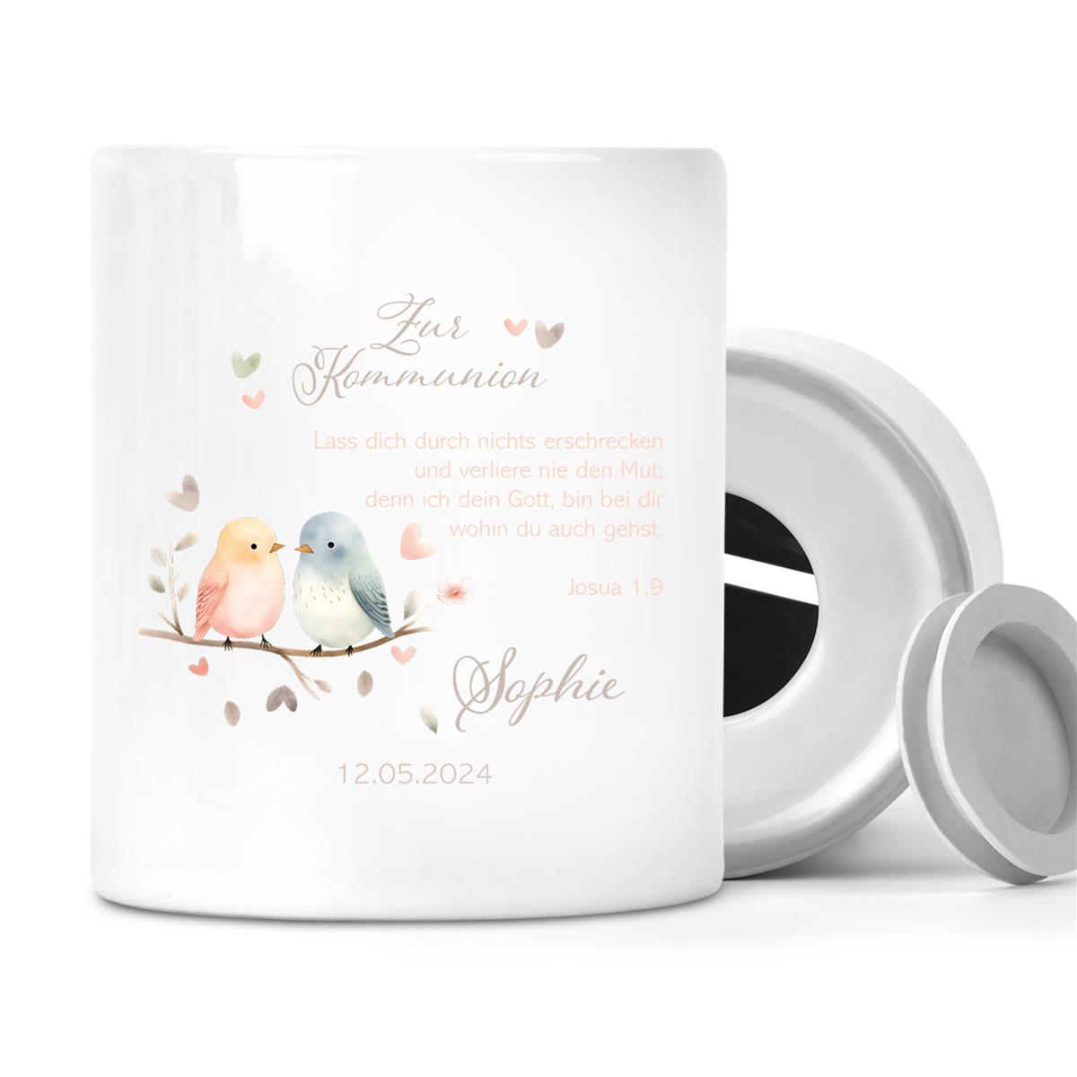 Spardose zur Kommunion mit Wunschname Vögel 1 Personalisiert
