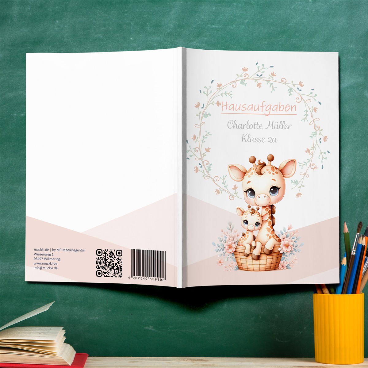 Hausaufgabenheft Giraffe #1  DIN A5 - 48 Blatt mit Name und Klasse