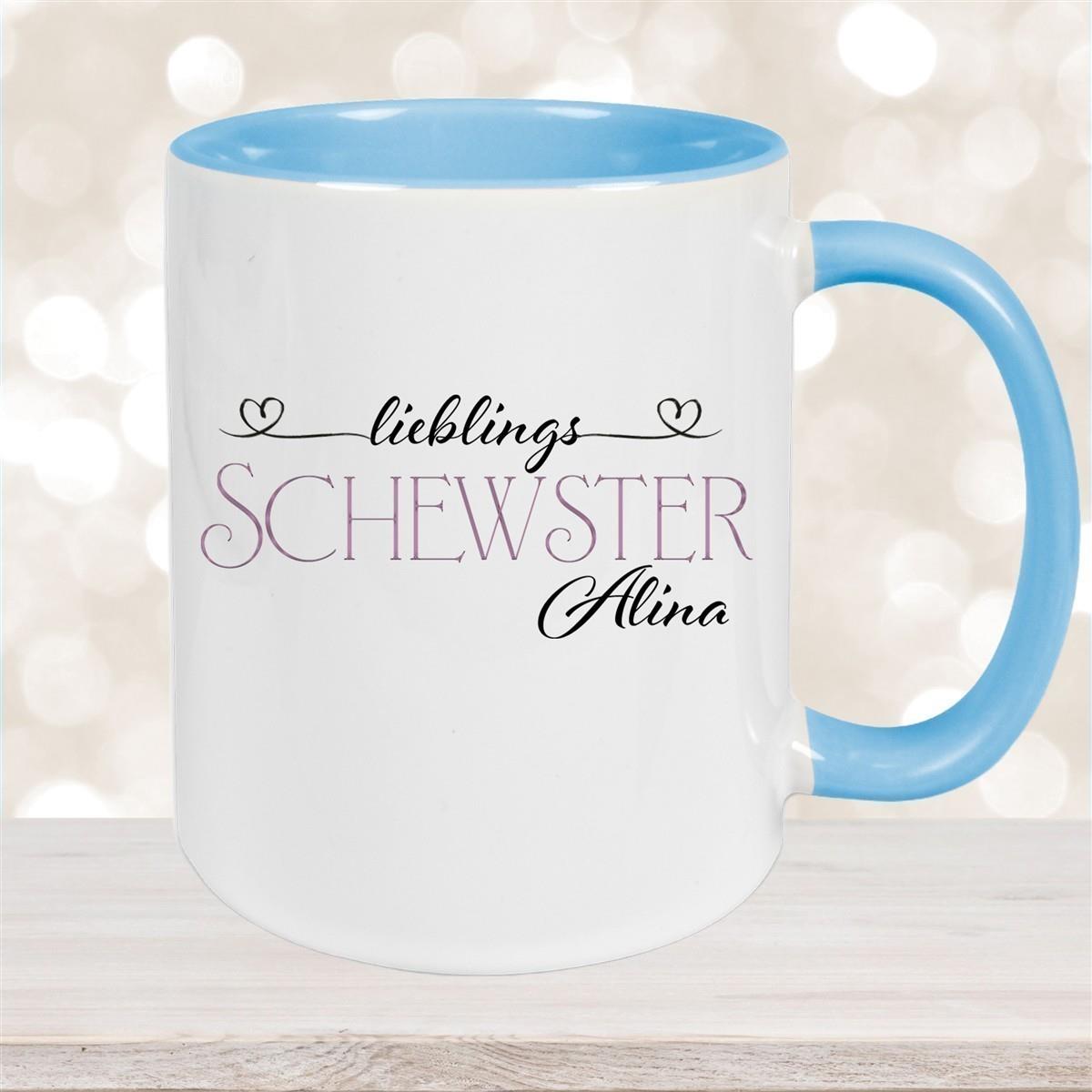 Tasse Wunschname Lieblings-Schwester 1 personalisiert Keramik Becher versch. Farben