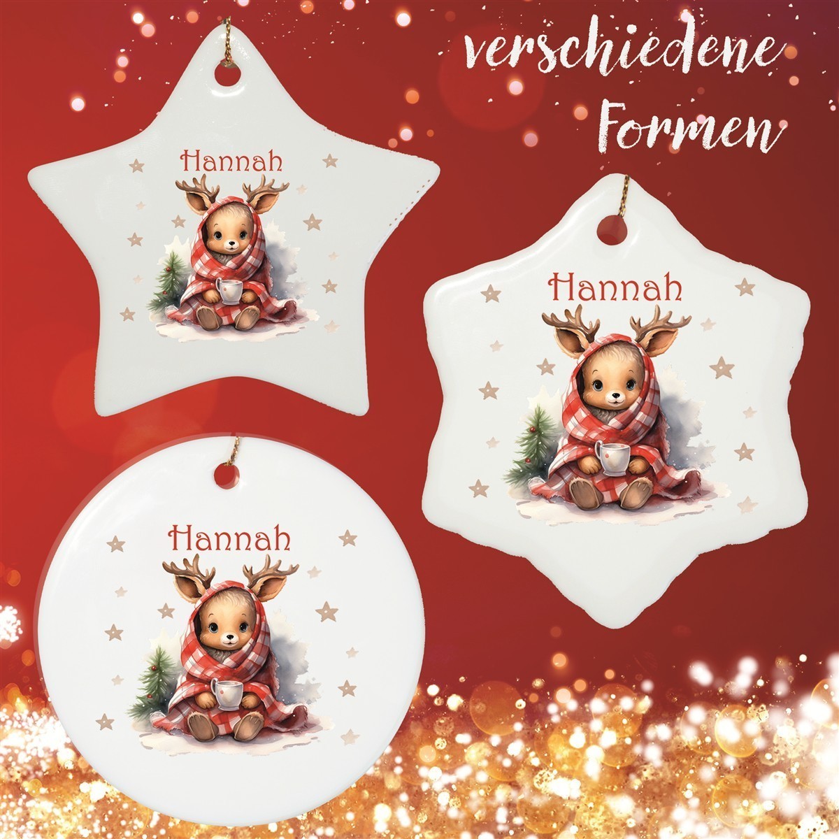 Christbaumanhänger Weihnachten Reh Sterne #1 Ornament Christbaumschmuck Rund Christbaumanhänger Weihnachten Reh Sterne #1 Ornament Christbaumschmuck Rund