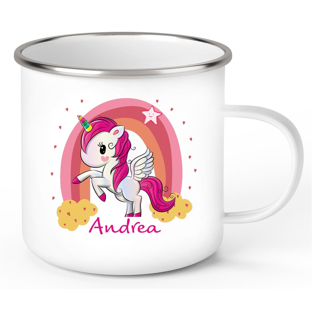 Tasse Wunschname Regenbogen-Einhorn Emaille Kinderbecher personalisiert