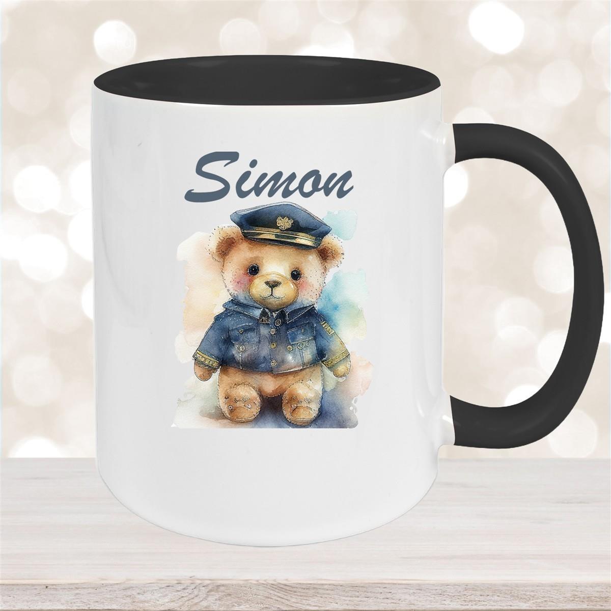 Tasse Polizei Teddy 1 Wunschname Keramik Kinderbecher personalisiert versch. Farben