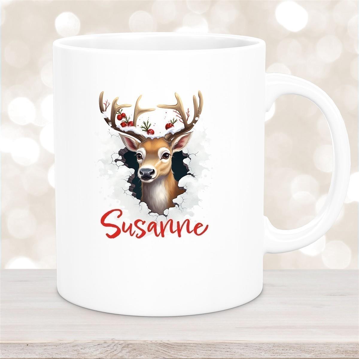 Tasse Wunschname Christmas Rentier 2 Keramik Kinderbecher versch. Farben
