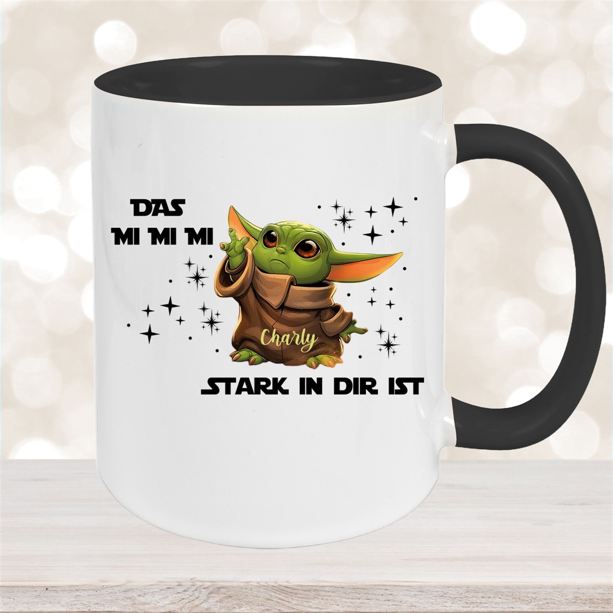 Tasse Wunschname Baby-Yoda #1 Keramik Kinderbecher personalisiert versch. Farben Schwarz