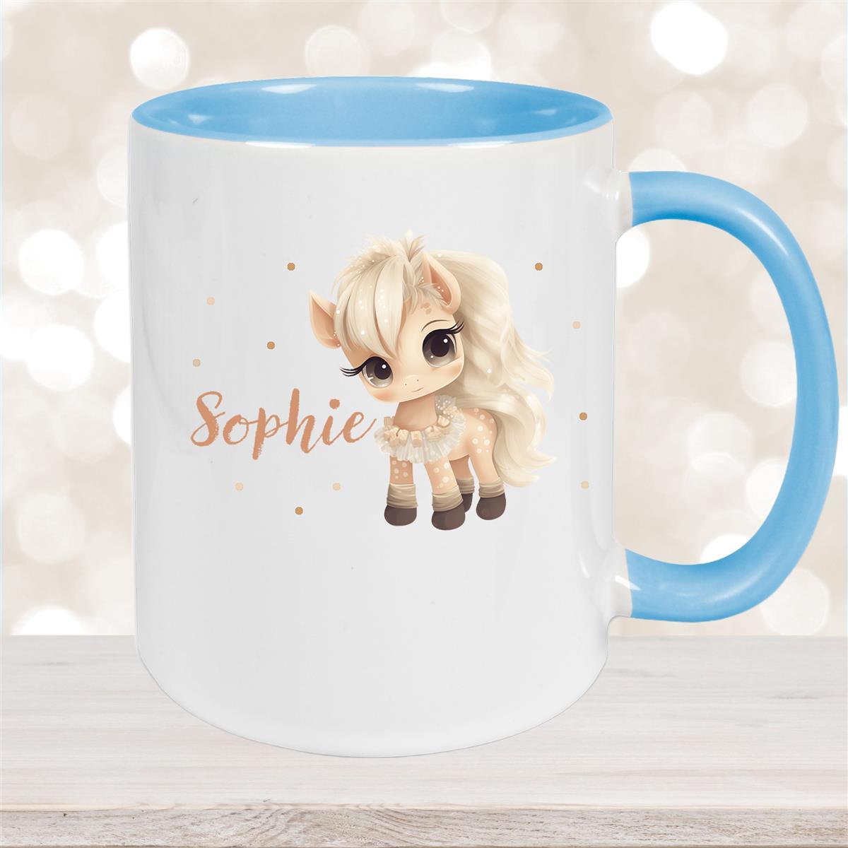Tasse Pferd #8 Wunschname Keramik Kinderbecher personalisiert Hellblau