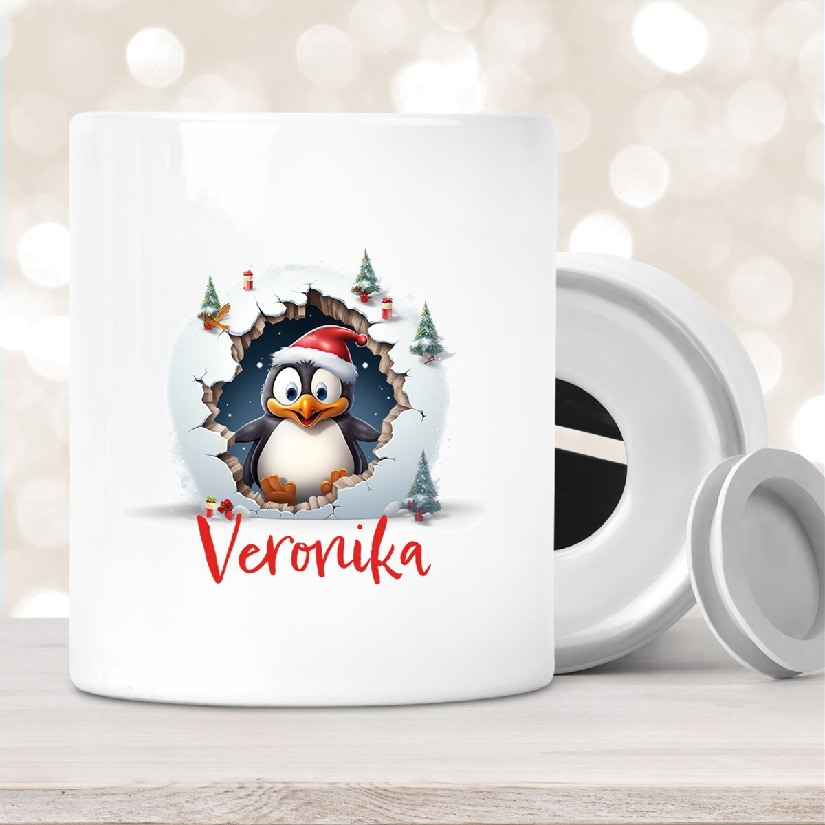 Spardose mit Wunschname Weihnachten Pinguin #2 Personalisiert