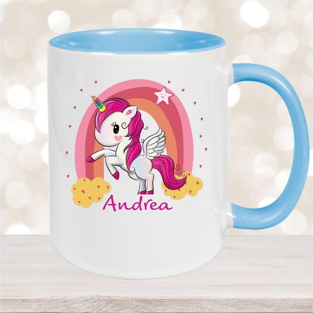 Tasse Wunschname Regenbogen-Einhorn Keramik Kinderbecher personalisiert versch. Farben