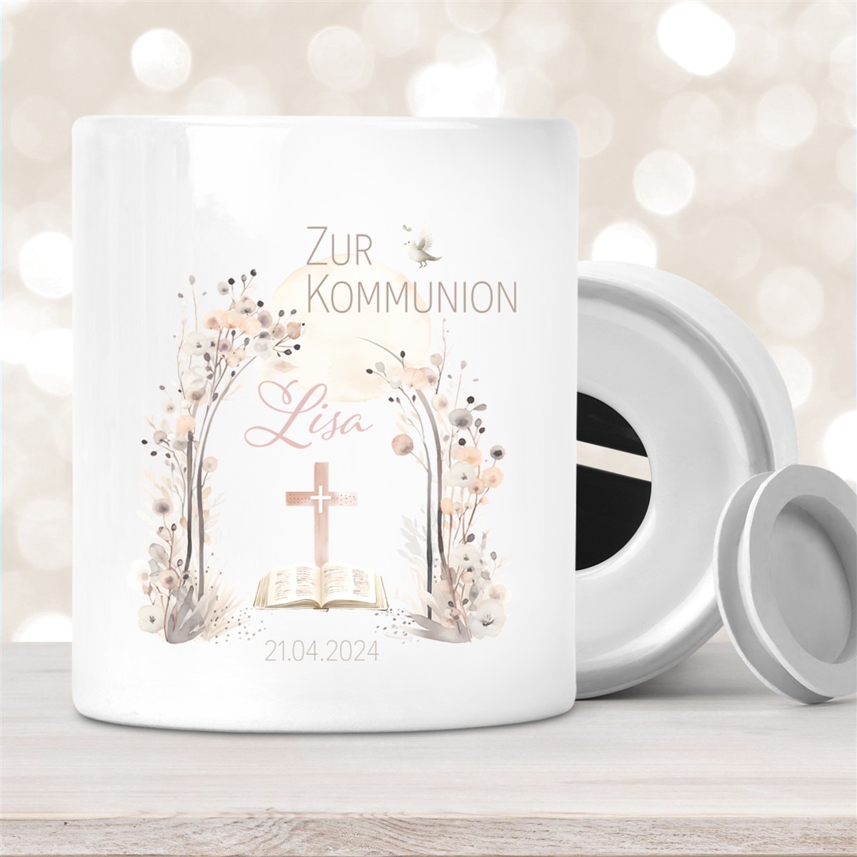 Spardose zur Kommunion mit Wunschname Blumen #1 Personalisiert
