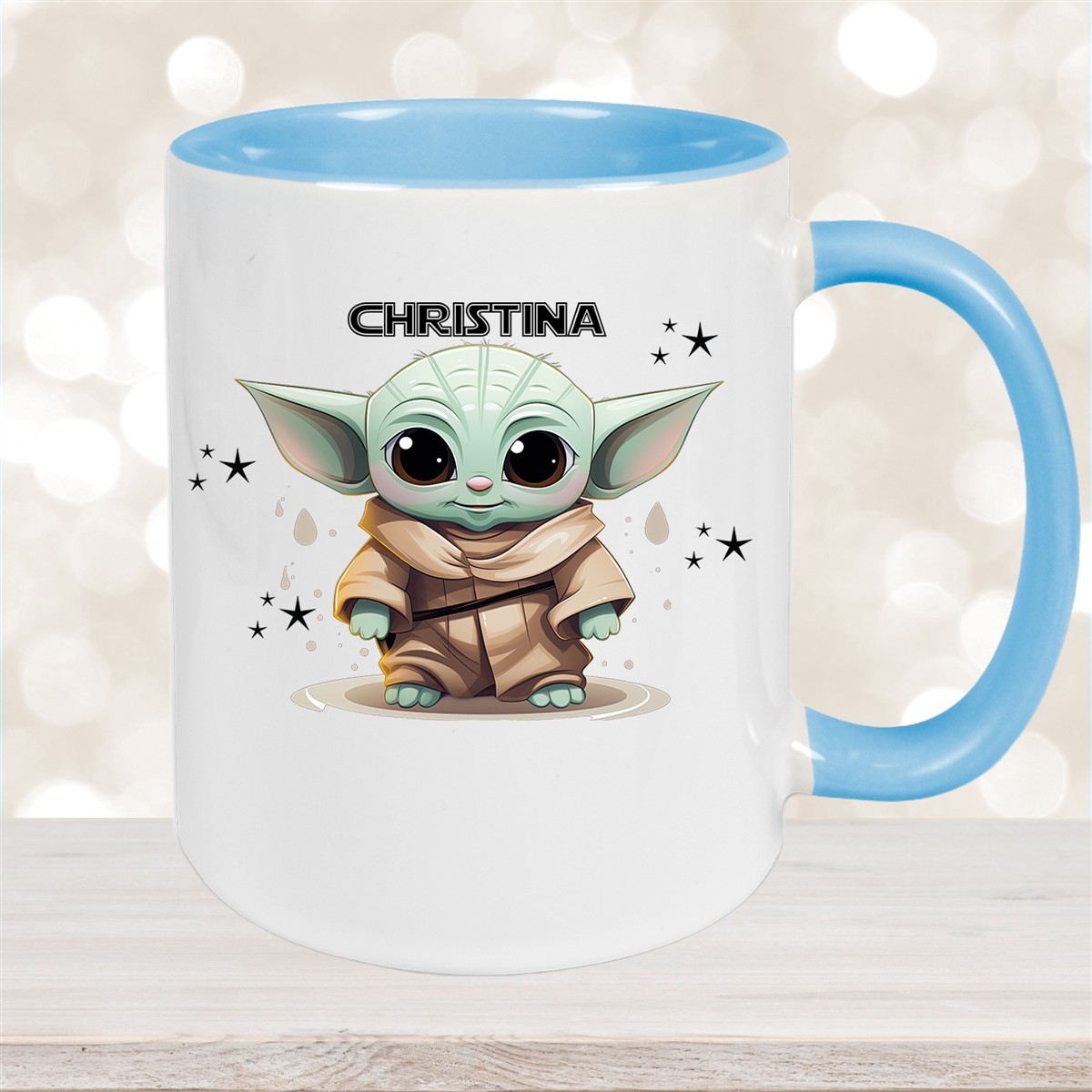 Tasse Wunschname Baby-Yoda #3 Keramik Kinderbecher personalisiert versch. Farben Hellblau