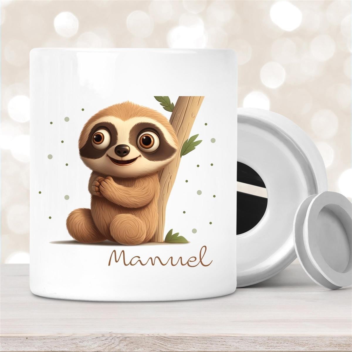 Spardose mit Wunschname Faultier-Baum personalisiert Spardose mit Wunschname Faultier-Baum personalisiert