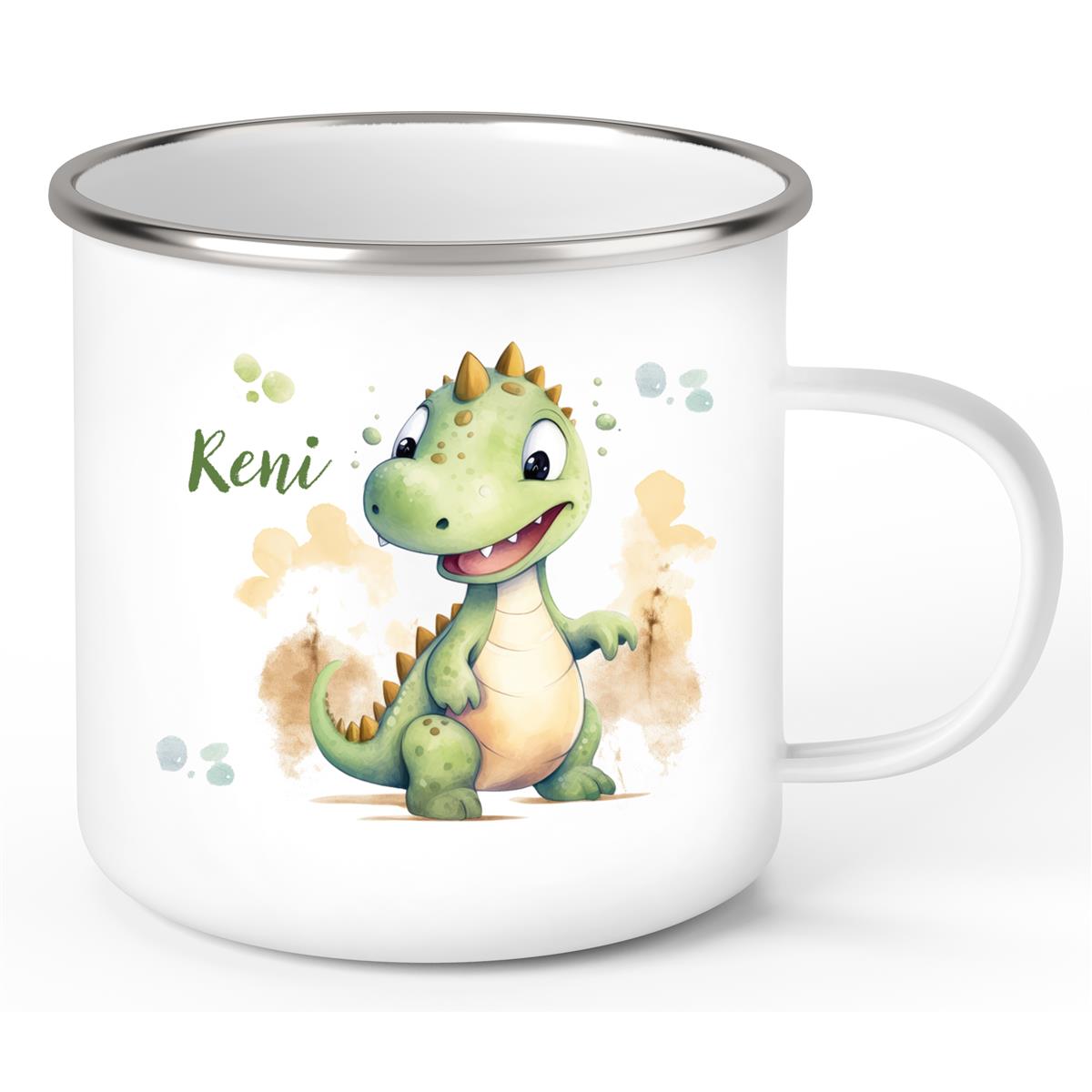 Tasse Wunschname Dino 3 Emaille Kinderbecher