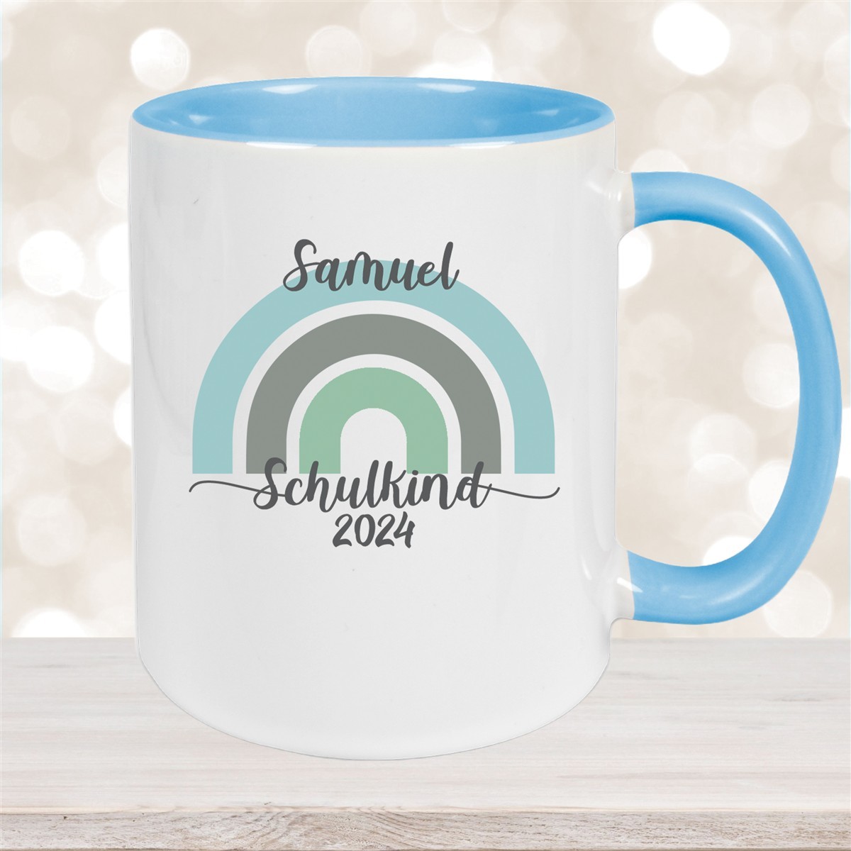 Tasse Schulkind #05 Wunschname Rainbow Keramik Kinderbecher Personalisiert Hellblau