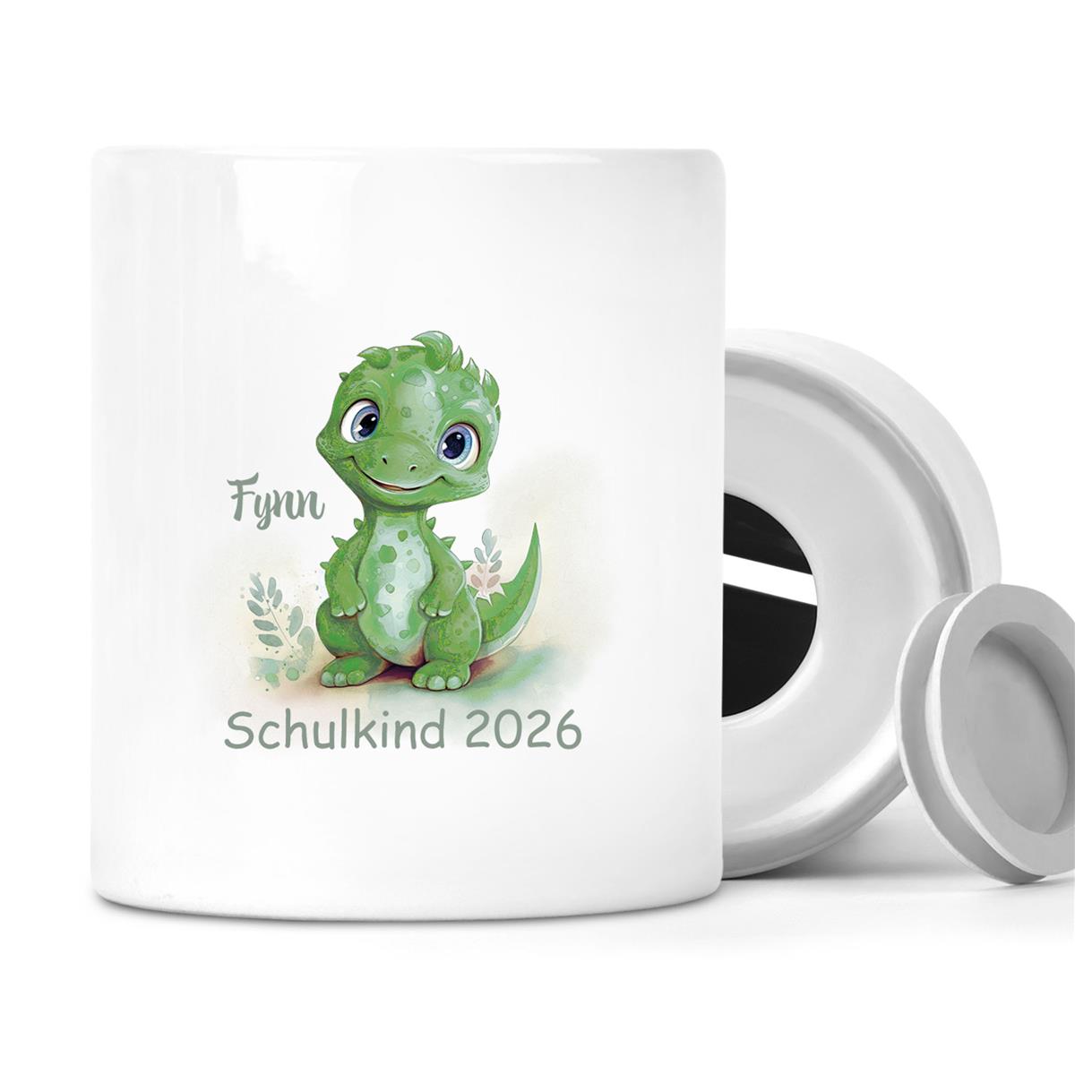 Spardose mit Wunschname Schulanfang 11 Dino2 personalisiert