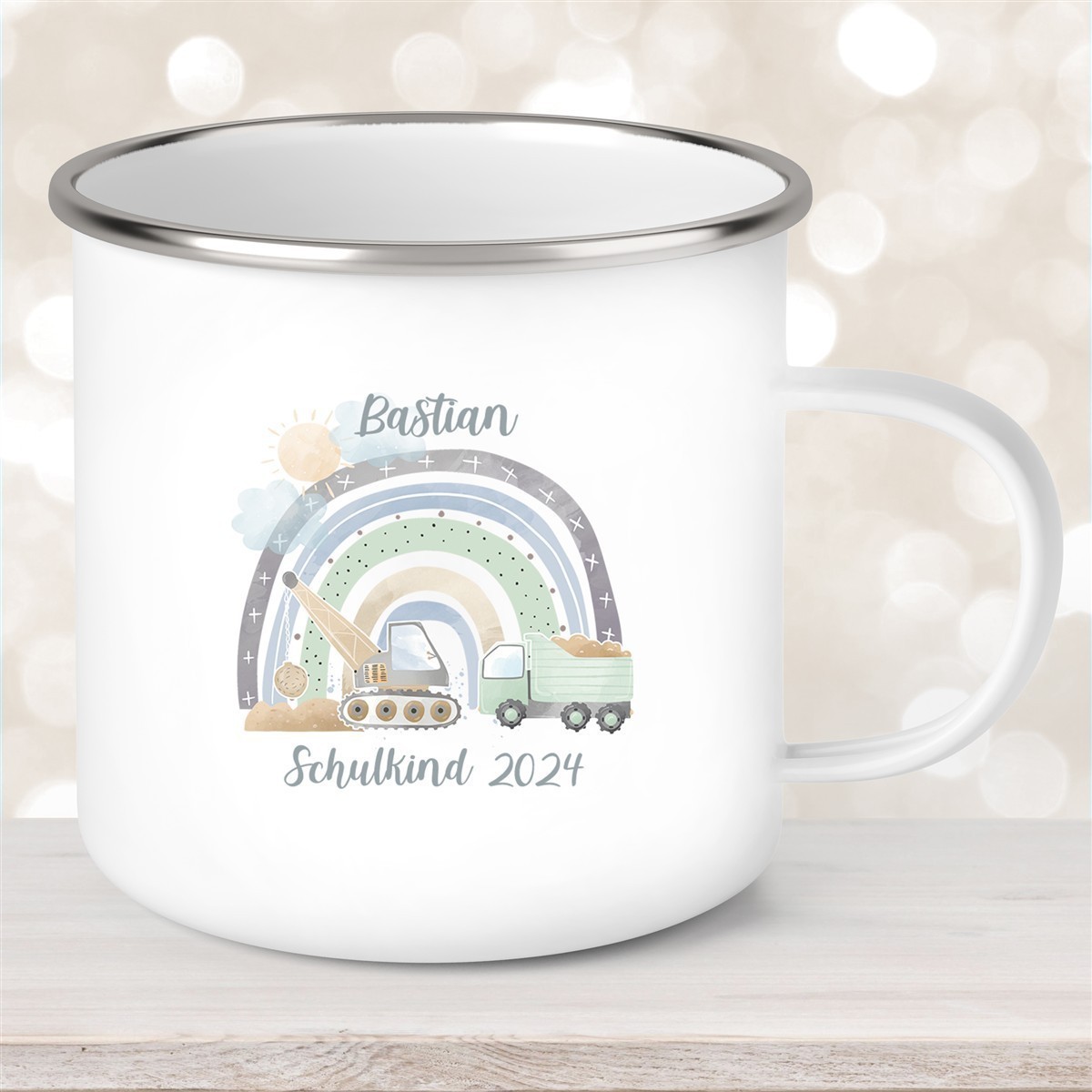 Tasse Schulkind #08 Wunschname Rainbow Baustelle Emaille Kinderbecher Personalisiert Tasse Schulkind #08 Wunschname Rainbow Baustelle Emaille Kinderbecher Personalisiert