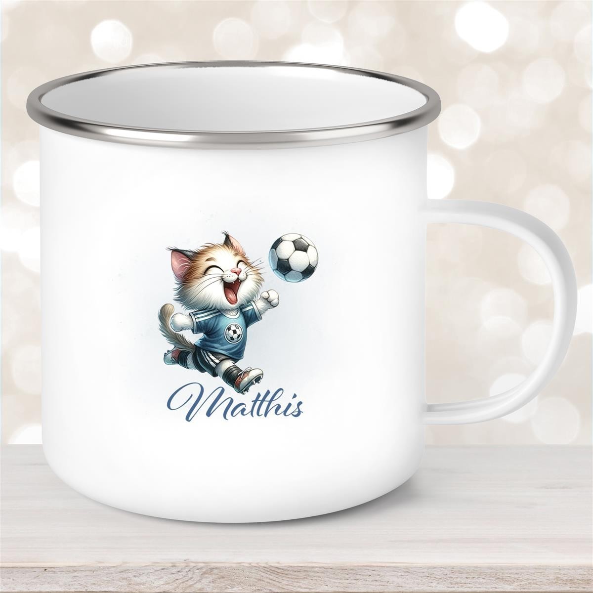 Tasse Fußball #18 Wunschname Emaille Kinderbecher personalisiert