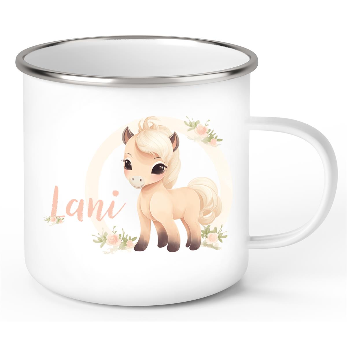 Tasse Pferd 4 Wunschname Emaille Kinderbecher personalisiert
