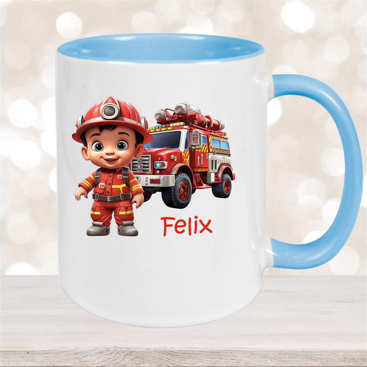 Tasse Wunschname Feuerwehr #4 Keramik Kinderbecher Hellblau