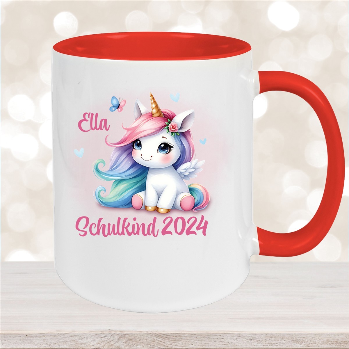 Tasse Schulkind #09 Wunschname Einhorn #2 Keramik Kinderbecher Personalisiert Rot