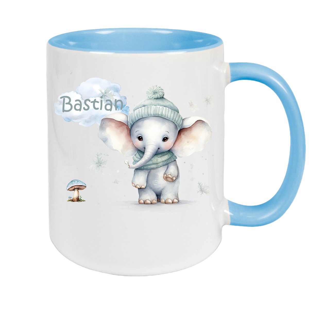 Tasse Wunschname Weihnachten Elefant #1 Keramik Kinderbecher Hellblau