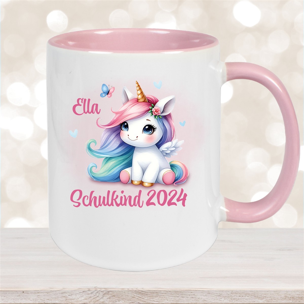 Tasse Schulkind #09 Wunschname Einhorn #2 Keramik Kinderbecher Personalisiert Altrosa