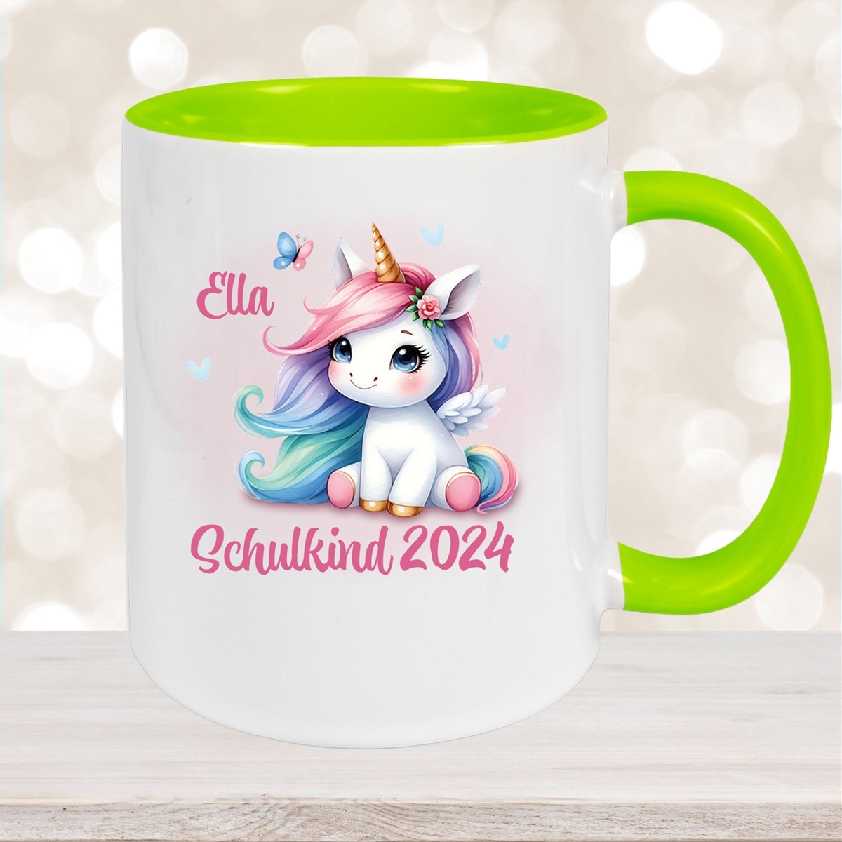 Tasse Schulkind #09 Wunschname Einhorn #2 Keramik Kinderbecher Personalisiert Grün