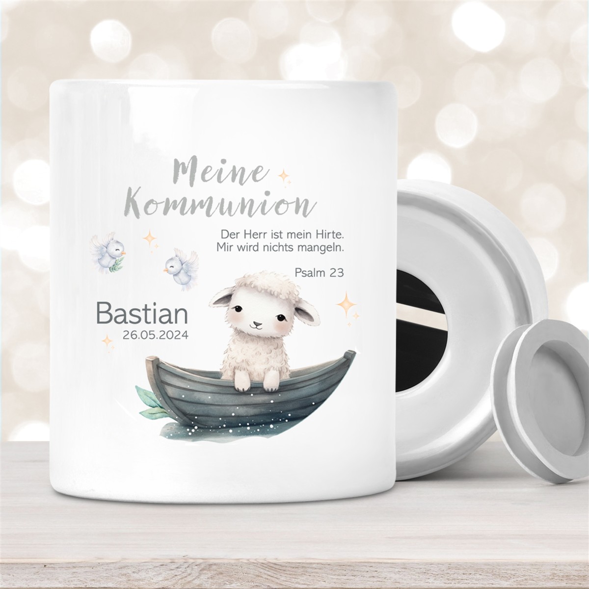 Spardose zur Kommunion mit Wunschname Schaf #1 Personalisiert