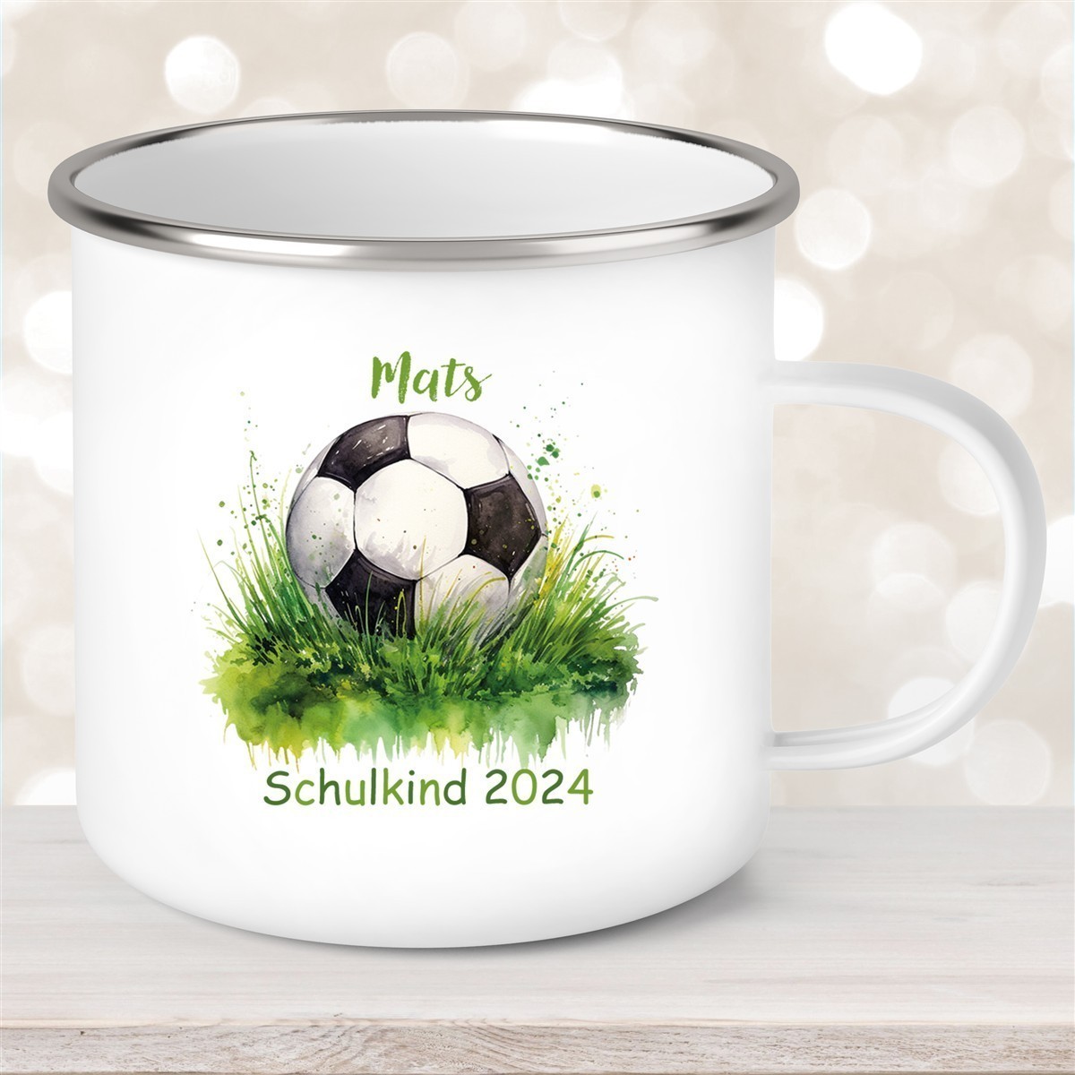 Tasse Schulkind #12 Wunschname Fußball#1 Emaille Kinderbecher Personalisiert