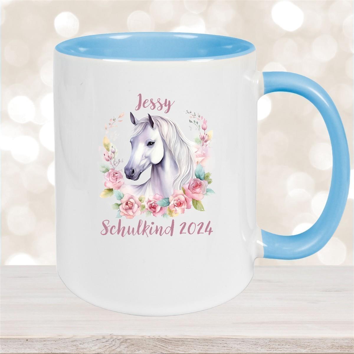 Tasse Schulkind 14 Wunschname Pferd1 Keramik Kinderbecher Personalisiert versch. Farben