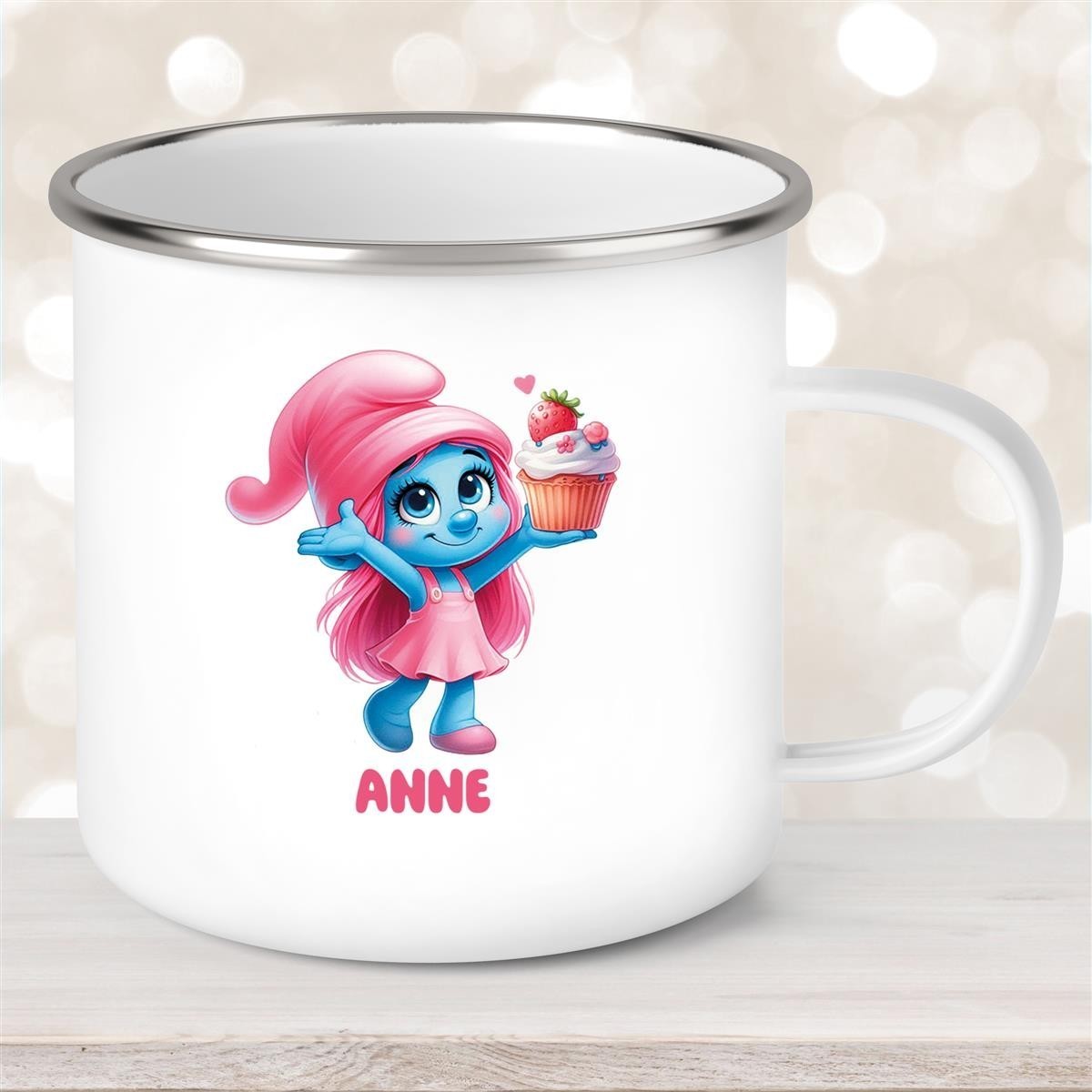 Tasse Kinder Schlumpf #2 mit Muffin Wunschname Emaille Kinderbecher personalisiert