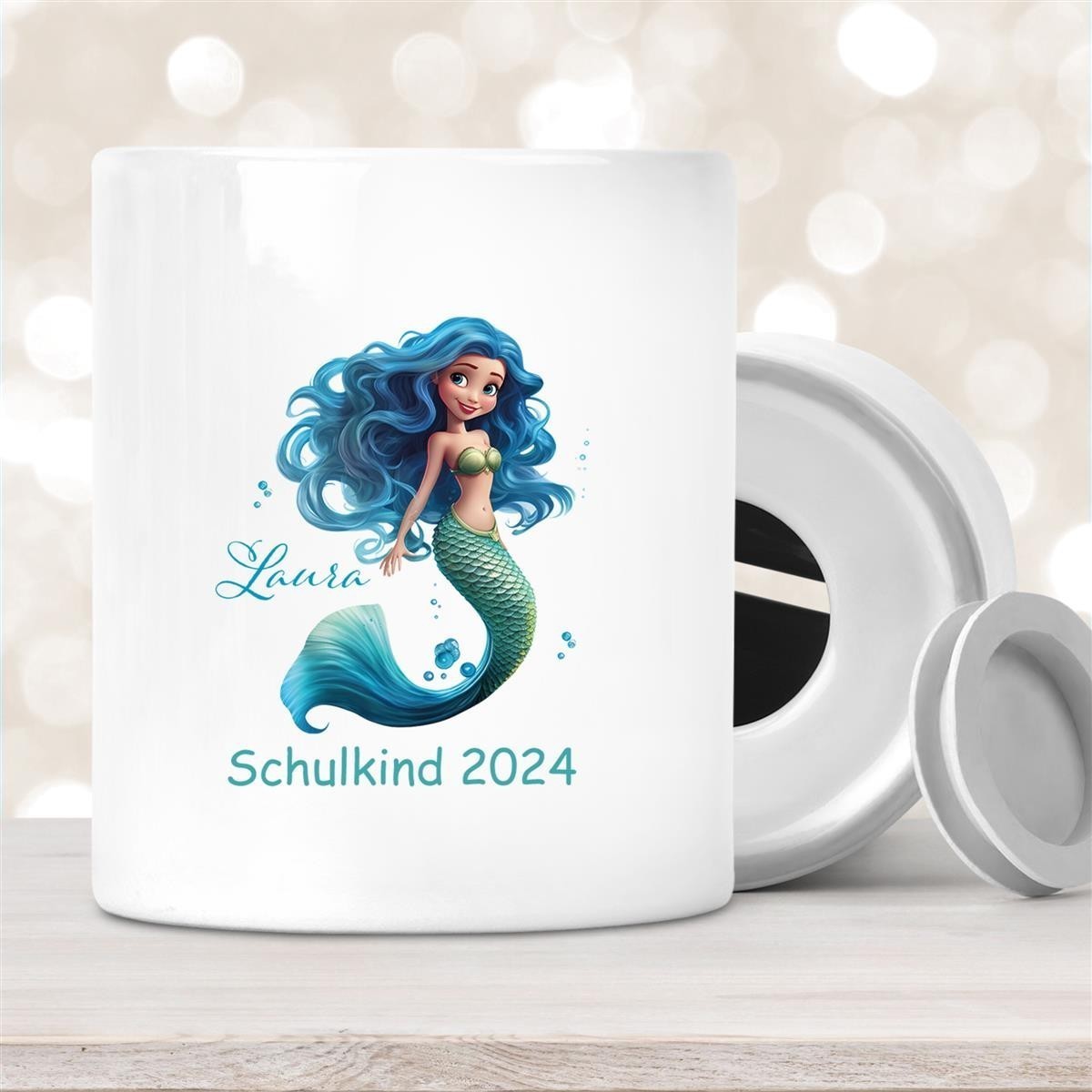 Spardose mit Wunschname Schulanfang #10 Meerjungfrau personalisiert Spardose mit Wunschname Schulanfang #10 Meerjungfrau personalisiert
