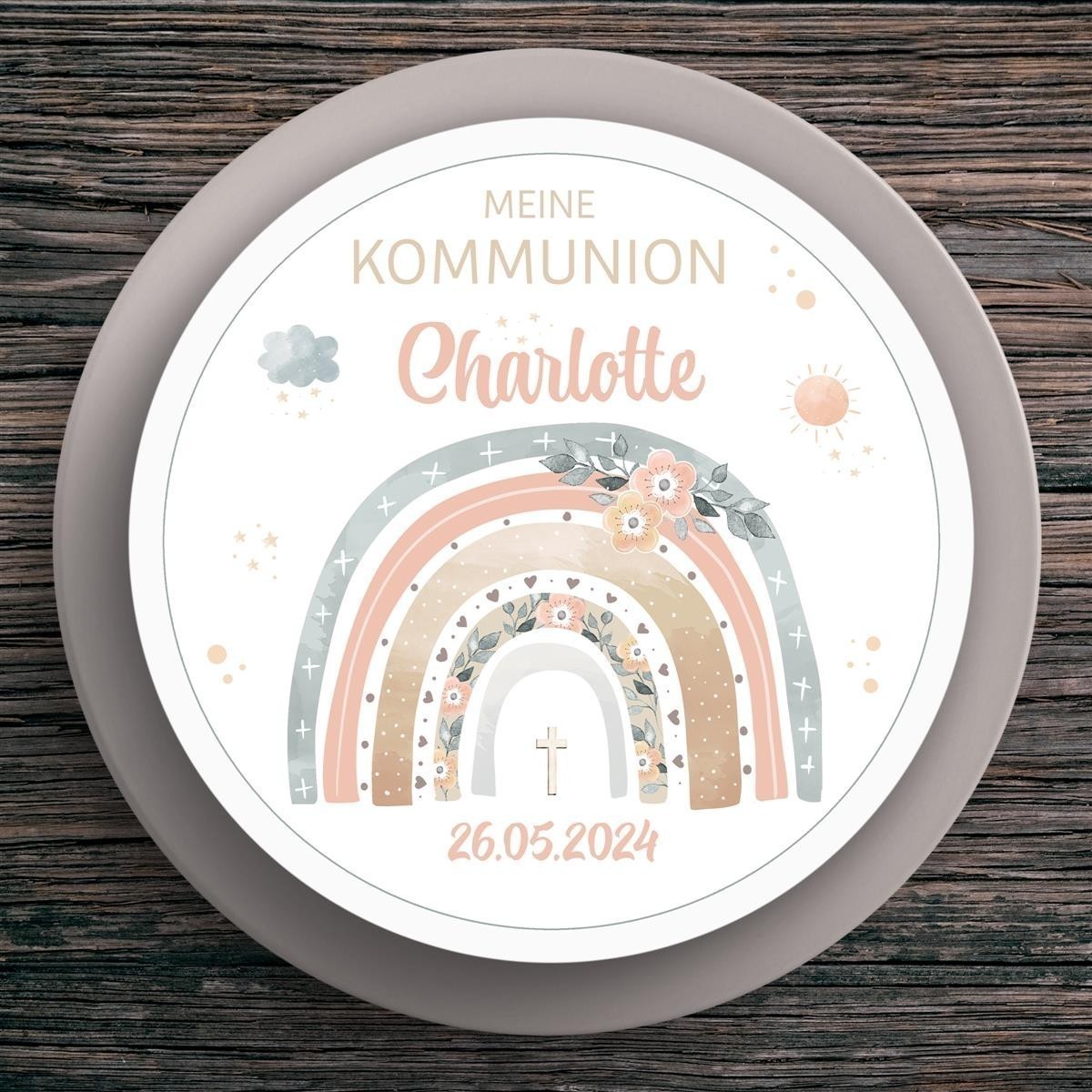 Tortenaufleger Kommunion Regenbogen #1 Name & Datum (20cm) Tortenaufleger Kommunion Regenbogen #1 Name & Datum (20cm)