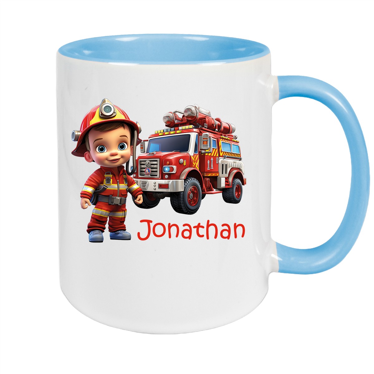 Tasse Wunschname Feuerwehr #3 Keramik Kinderbecher Hellblau